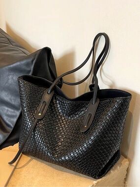 Black Woven Tote Bag with Double Shoulder Straps